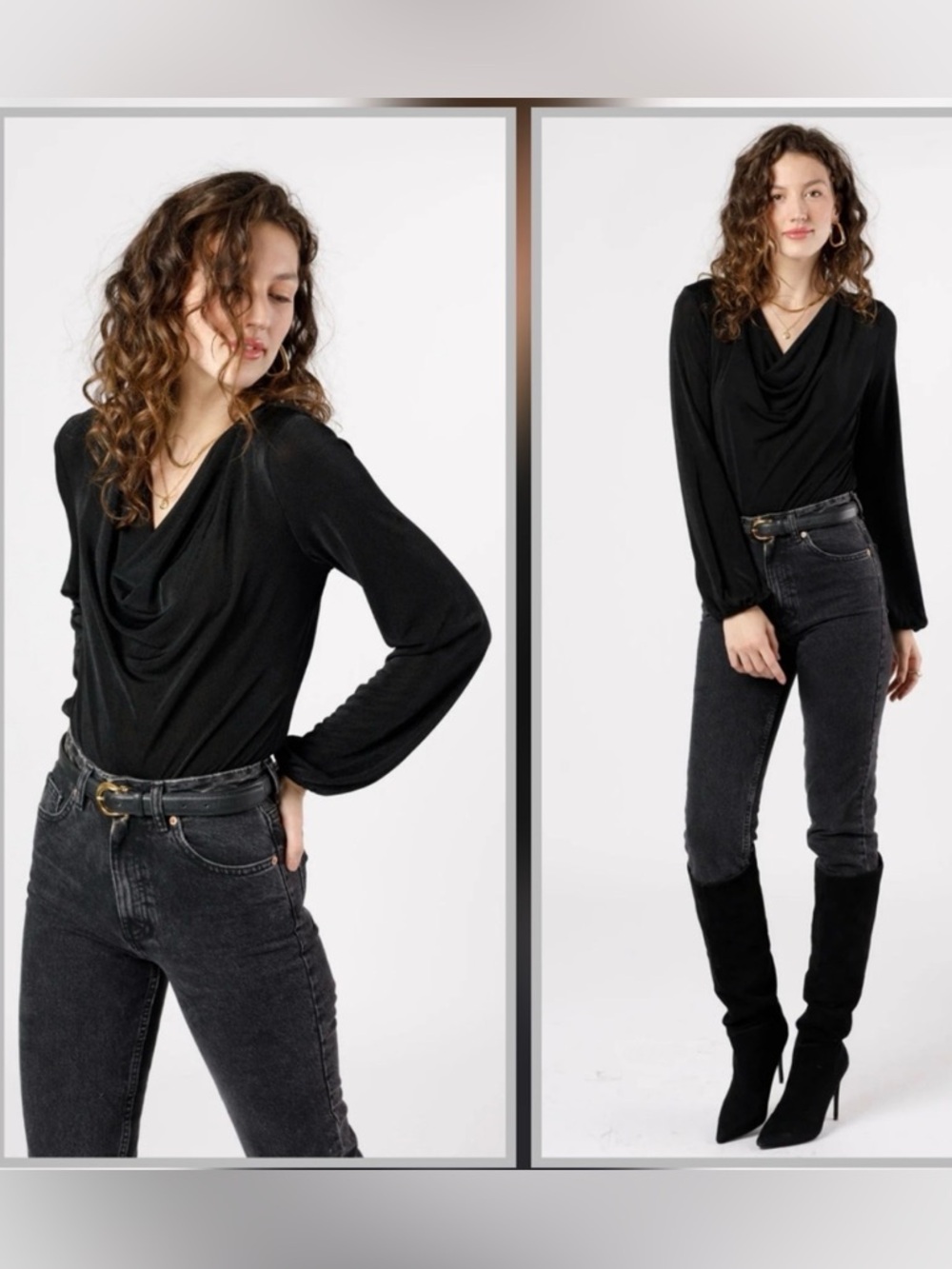 NWT Band Of The Free Aggie Black Cowl Neck Bodysuit Size L Stretchy Long Sleeve